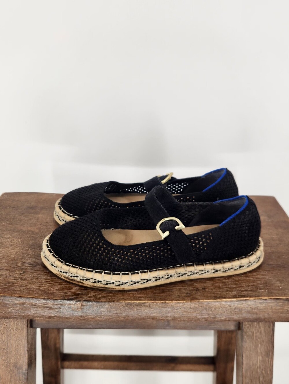 Rothy's Black Knit Mary Jane Flats with Gold Buckle Accent Size 8.5 - Picture 2 of 6